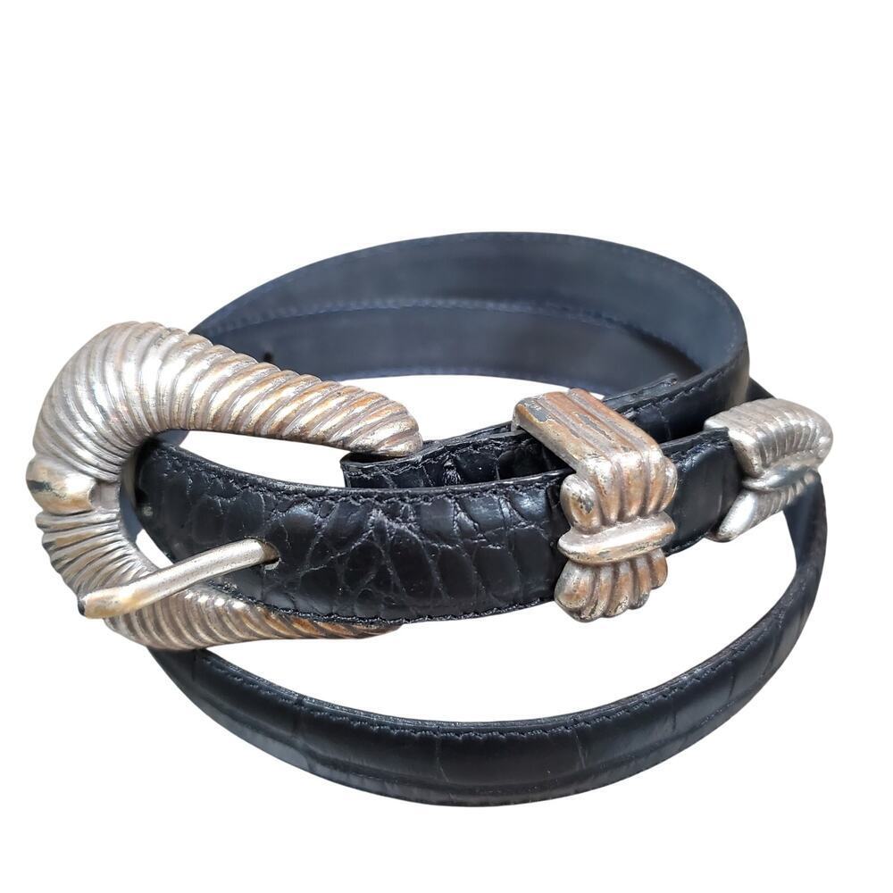 Couture Black Genuine Leather Belt Size Small Silver-Tone Hardware Made in USA